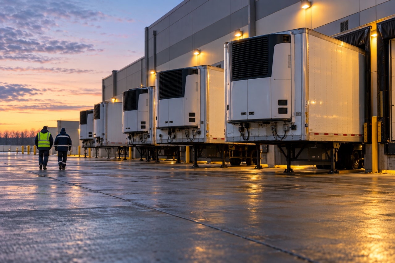 Two workers walk past refrigerated trailers lined up at a warehouse loading dock at dawn.