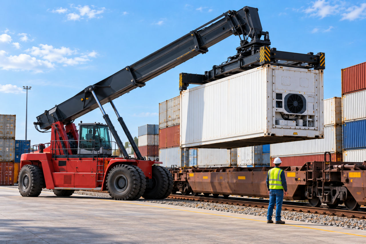 A reach stacker lifts a refrigerated shipping container onto a railcar while a worker watches at an intermodal terminal.