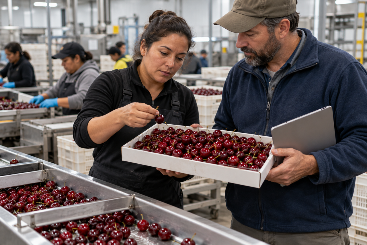 Two workers inspect a tray of cherries beside a sorting line at a fruit packing facility.