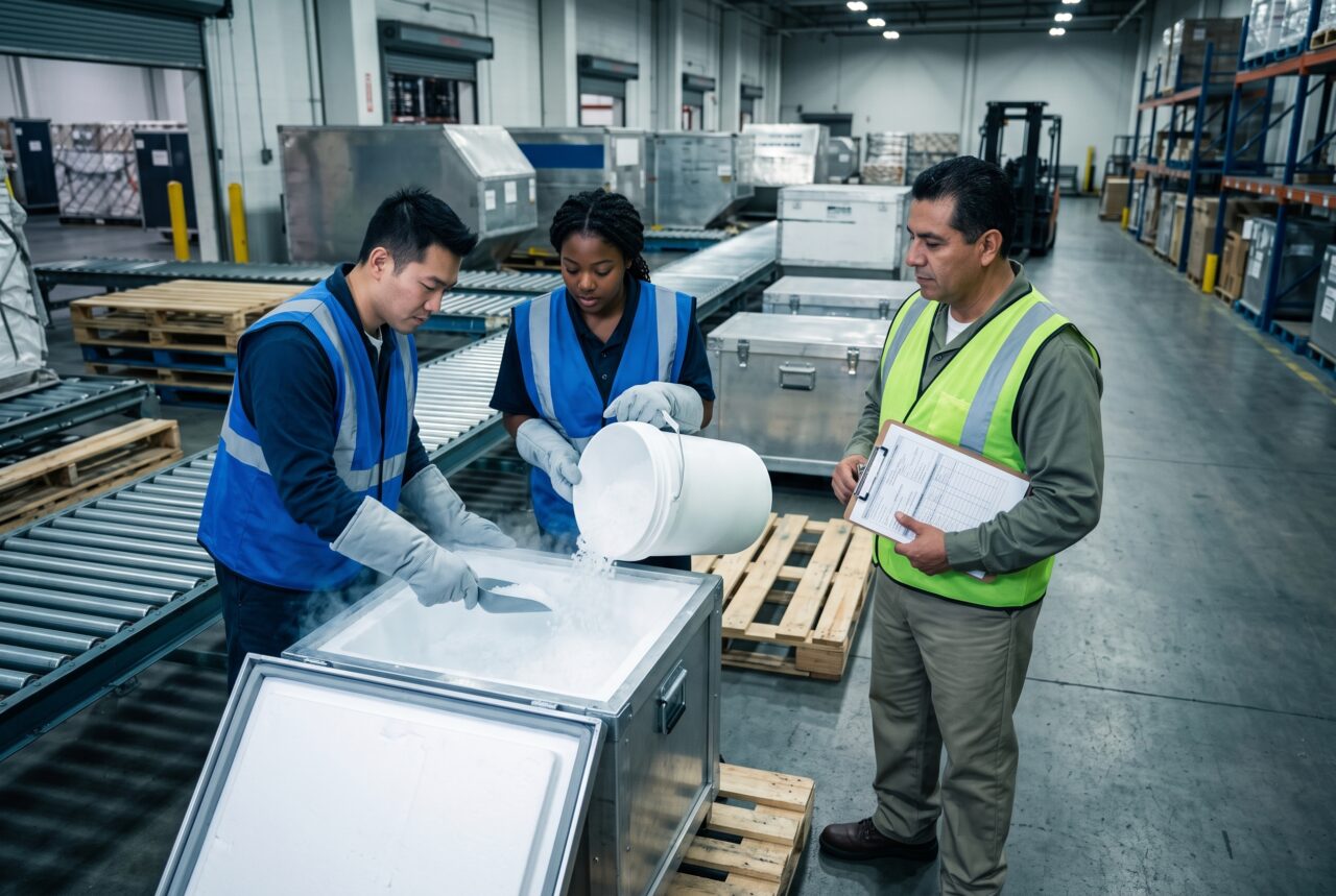 Logistics workers packing a temperature-controlled shipping container with dry ice inside a warehouse.