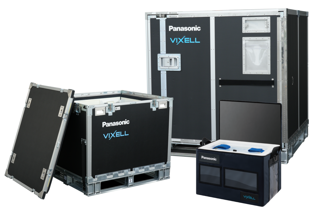 Panasonic VIXELL temperature-controlled shipping containers in multiple sizes for pharmaceutical and cold chain logistics.
