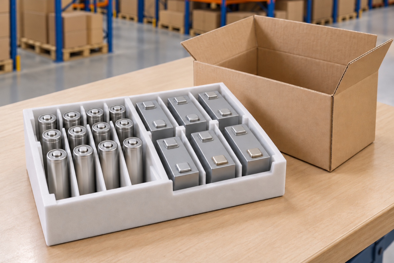 Cylindrical and rectangular battery cells sit in a protective foam tray beside an open cardboard box in a warehouse.