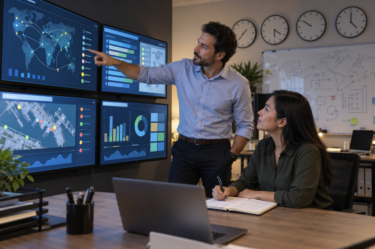 Logistics operations team reviewing supply chain status across multiple screens