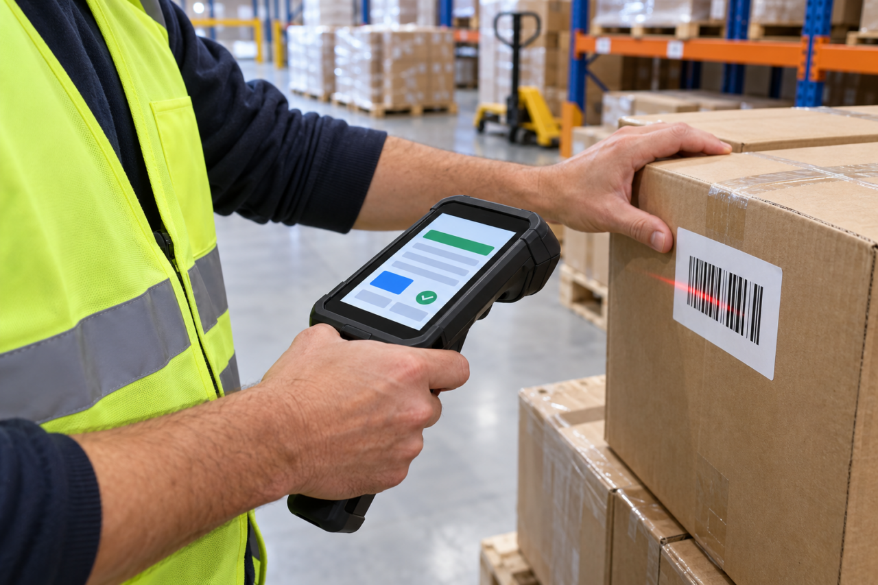 Warehouse operator scanning cartons against a purchase order on a handheld device